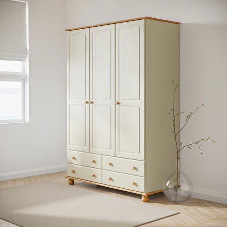 Cream and Pine Painted 3 Door Triple Wardrobe with Drawers Hamilton