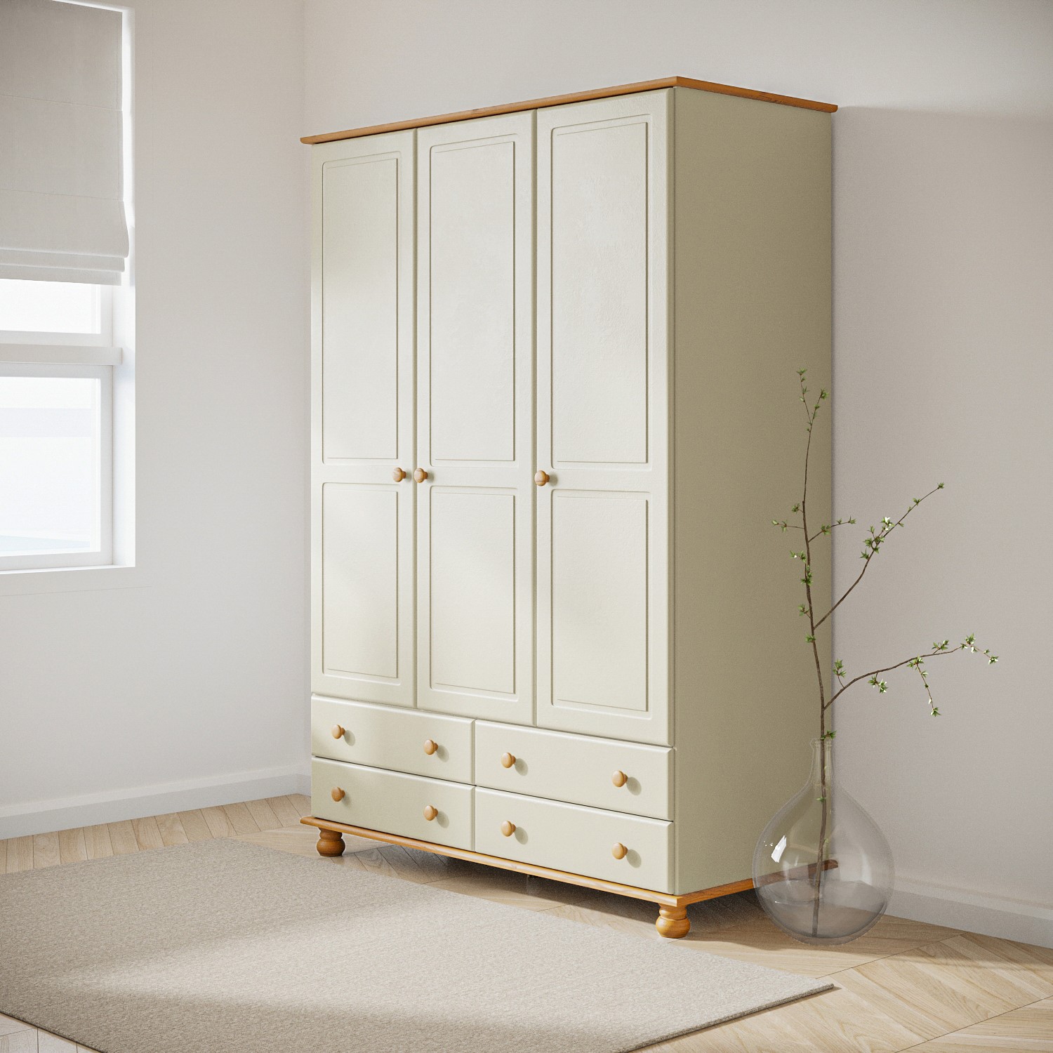 3 Door Wardrobe with Drawers in Cream and Pine - Hamilton
