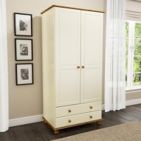 Cream Painted Pine Double Wardrobe with 2 Drawers - Hamilton