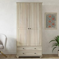 Light Wood with White Wash 2-Door Double Wardrobe with Drawers - Hampton Light Wood with White Wash 2-Door Double Wardrobe with Drawers - Hampton
