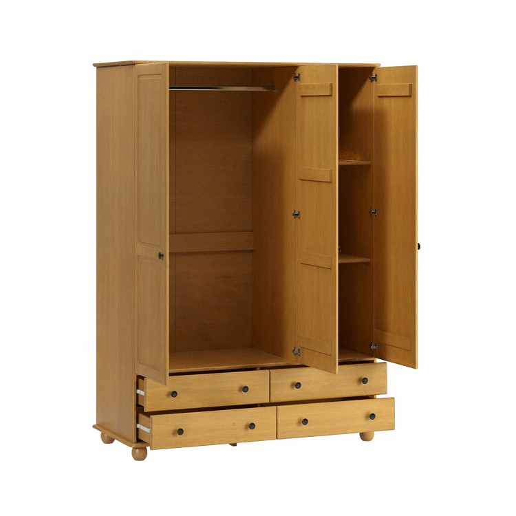 Pine 3-Door Triple Wardrobe with Drawers - Hampton