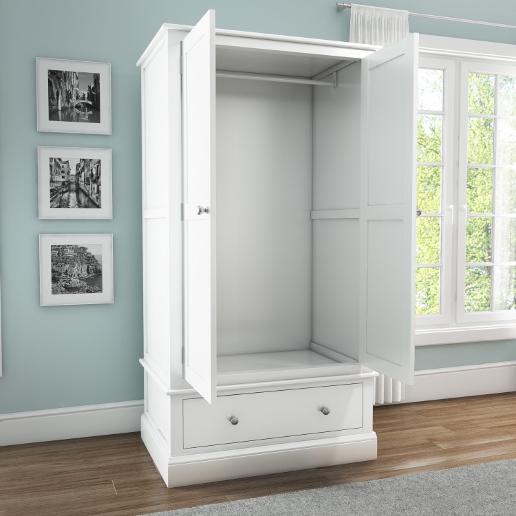Harper White Solid Wood Double Wardrobe with Drawer