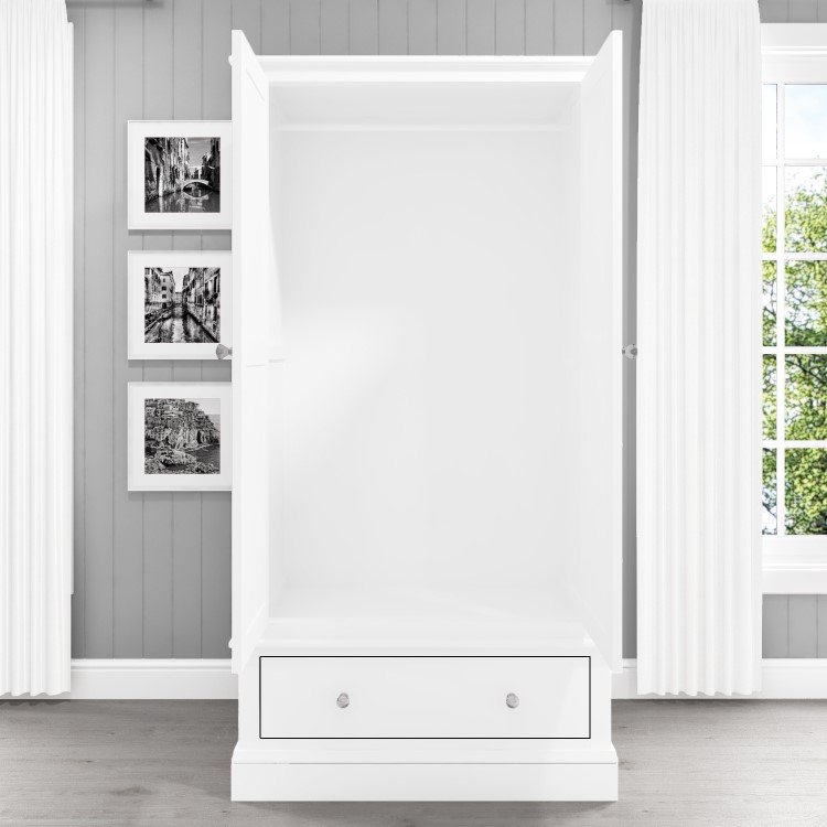 White Painted 2 Door Double Wardrobe with Drawer - Harper
