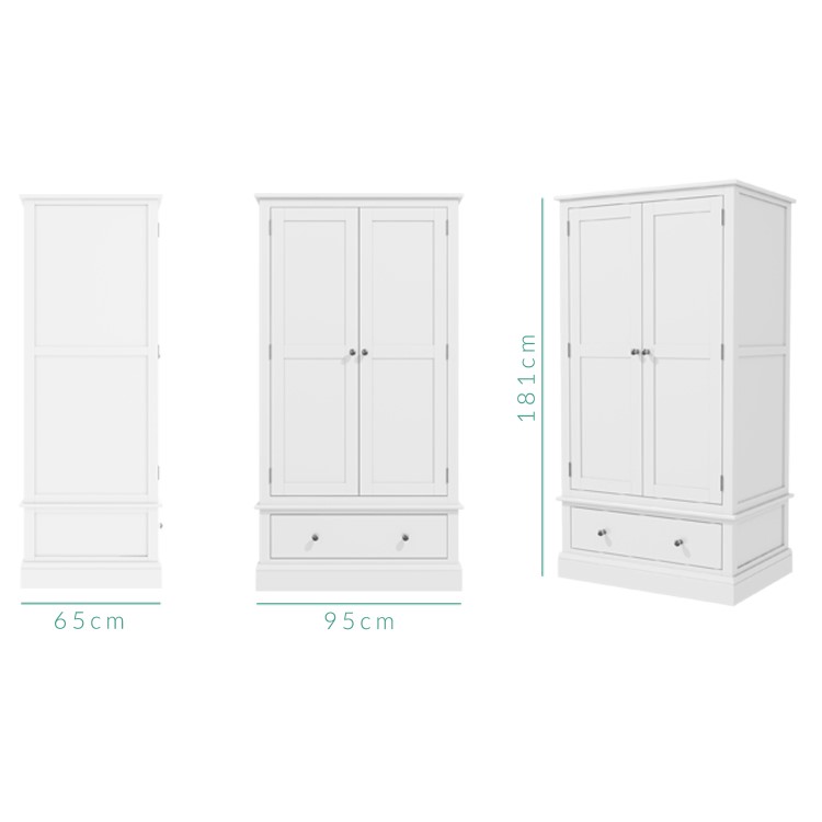 White Painted 2 Door Double Wardrobe with Drawer - Harper