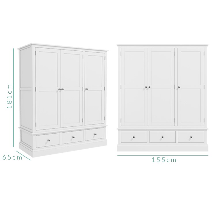 Harper White Solid Wood 3 Door 3 Drawer Wardrobe