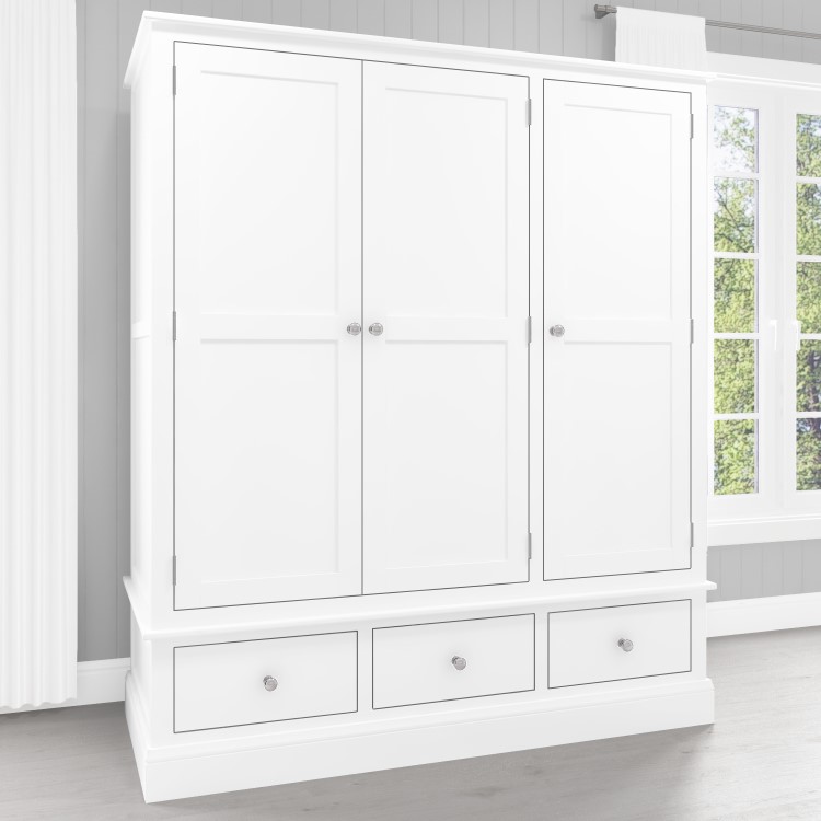 White Painted 3 Door Triple Wardrobe with Drawers - Harper
