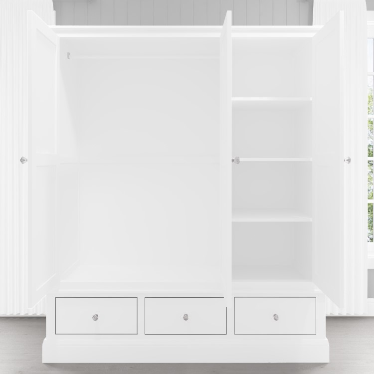 White Painted 3 Door Triple Wardrobe with Drawers - Harper