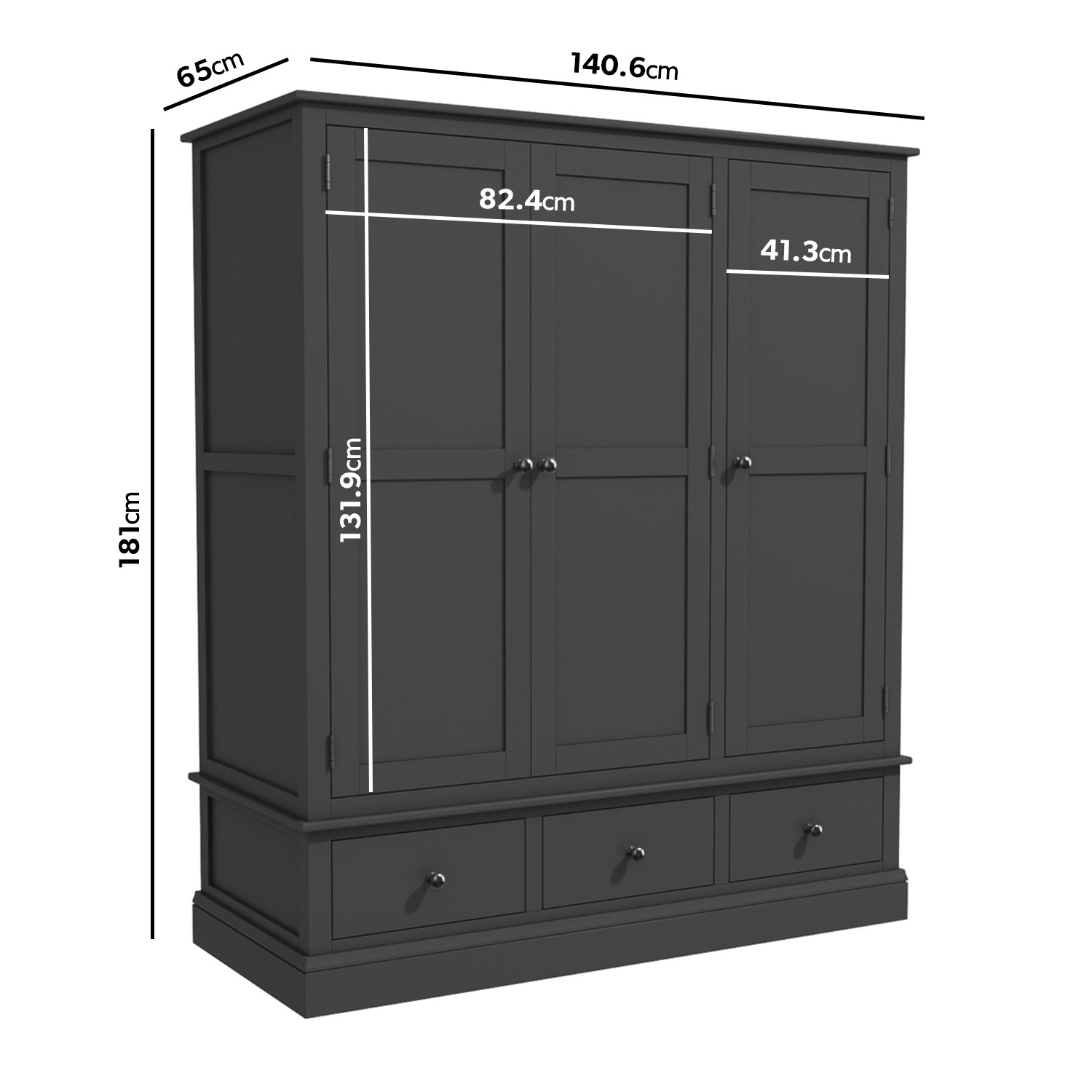 Grey Painted 3 Door Wardrobe with Drawers Harper BuyItDirect.ie