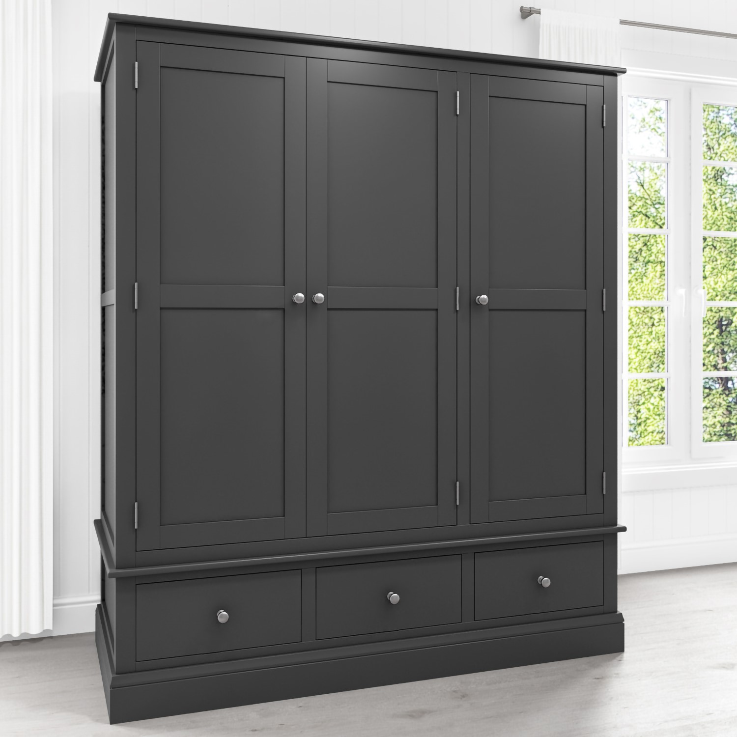 Harper Grey Solid Wood 3 Door 3 Drawer Wardrobe Buy It Direct