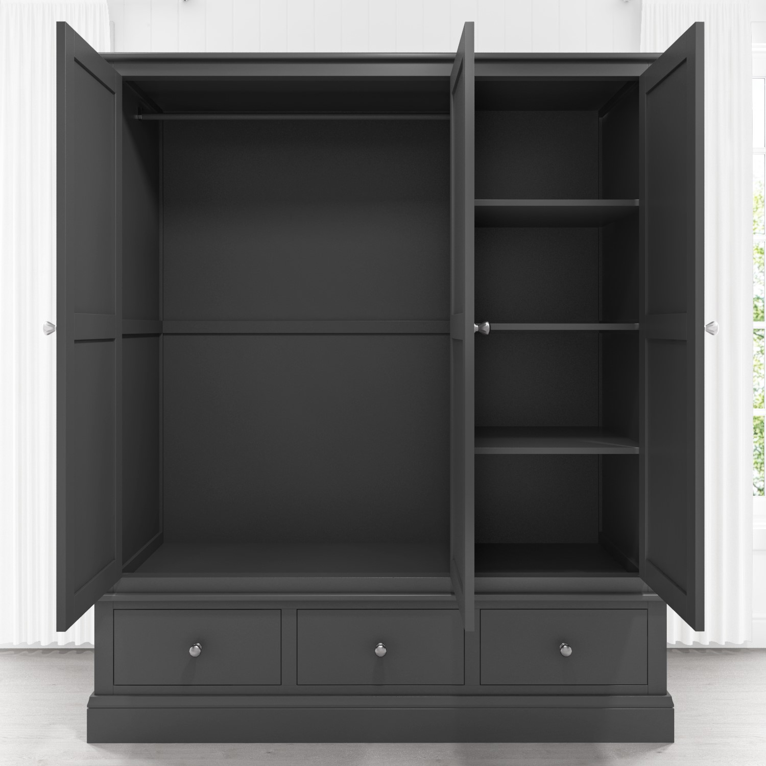 Harper Grey Solid Wood 3 Door 3 Drawer Wardrobe Buy It Direct