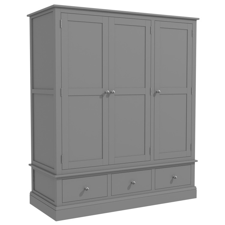 Harper Grey Solid Wood 3 Door 3 Drawer Wardrobe