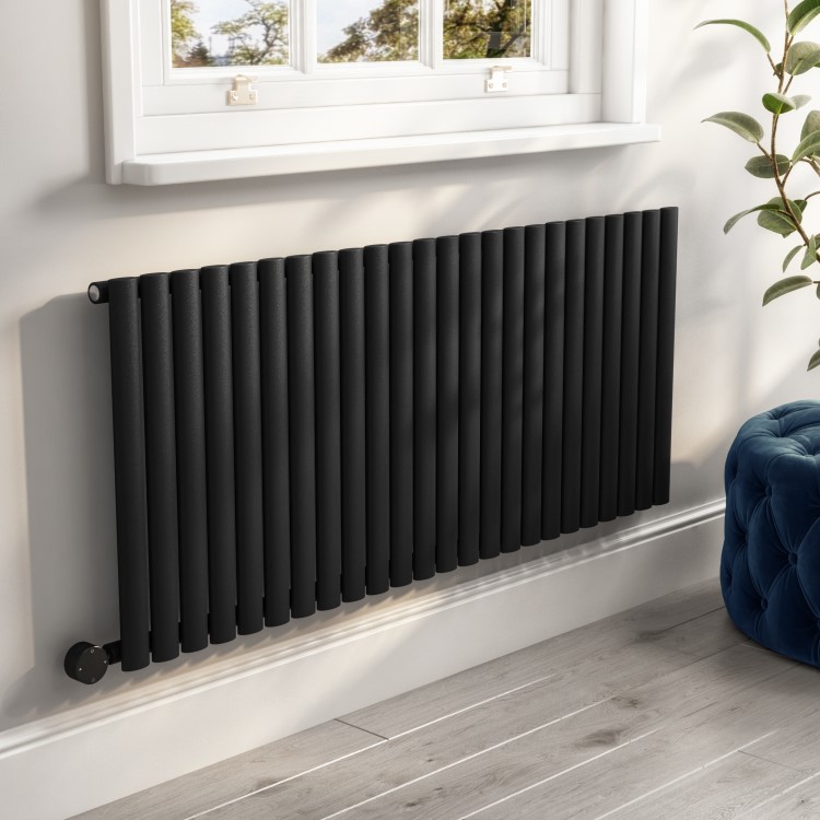 Refurbished Midnight Black Electric Horizontal Designer Radiator 2kW with Wifi Thermostat - H600xW1416mm