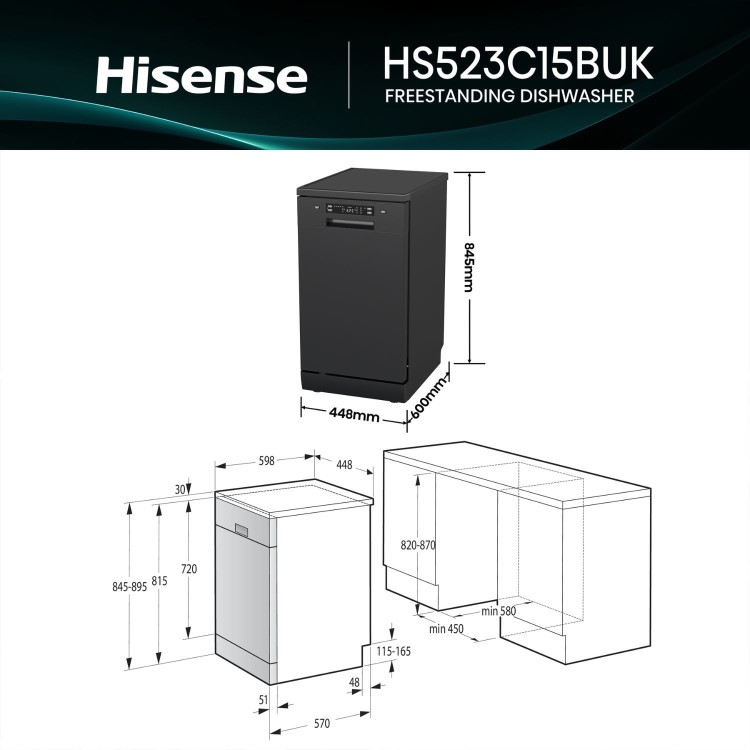 Hisense Freestanding Slimline Dishwasher - Auto Dry C-Rated Black