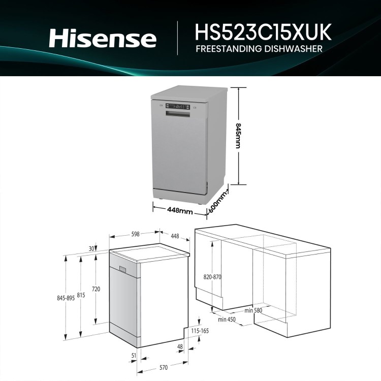 Hisense Freestanding Slimline Dishwasher - Auto Dry C-Rated Silver