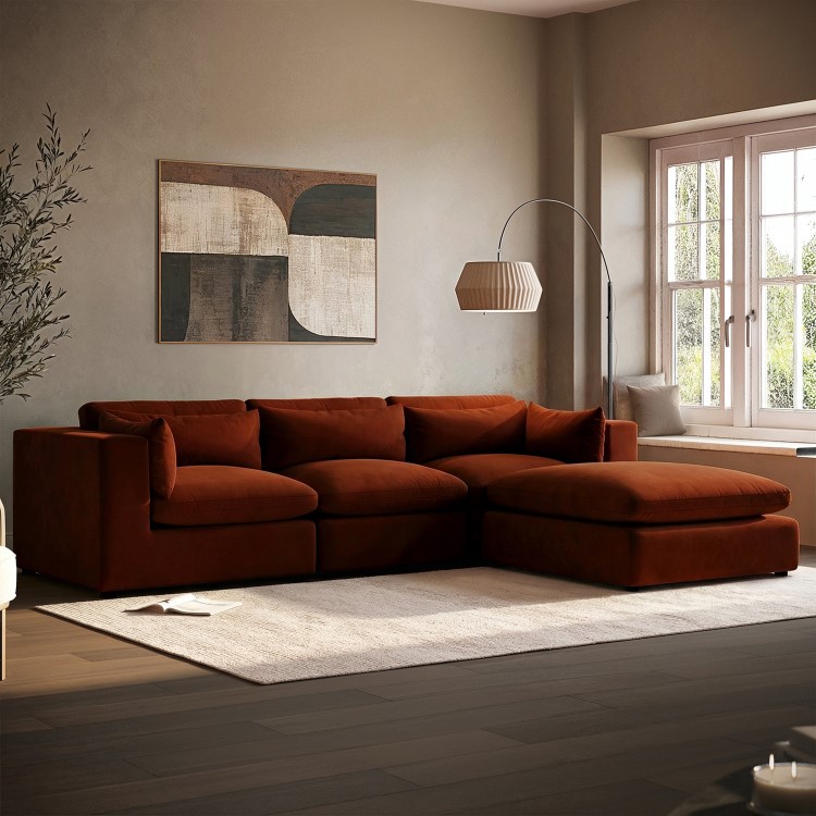 Large Burnt Orange Velvet Reversible 4 Seater Chaise Corner Sofa - Hudson