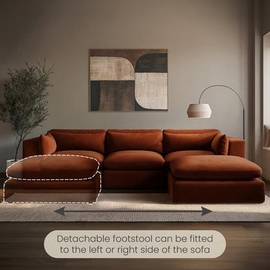 Large Burnt Orange Velvet Reversible 4 Seater Chaise Corner Sofa - Hudson