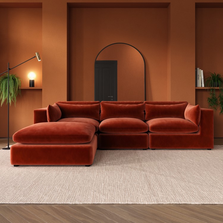 Large Burnt Orange Velvet Reversible 4 Seater Chaise Corner Sofa - Hudson