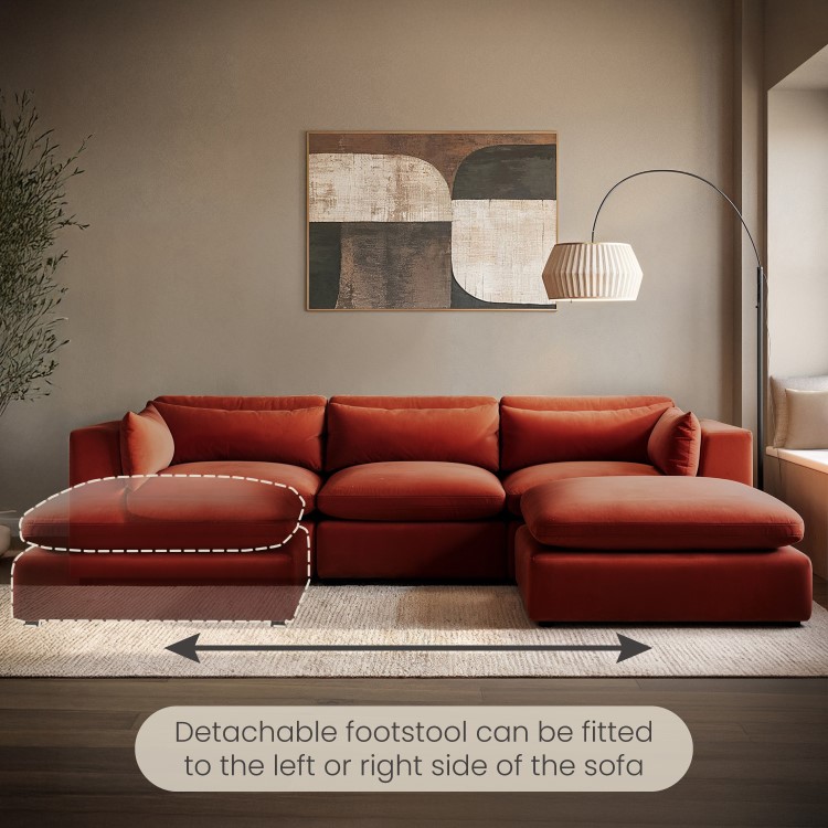 Large Burnt Orange Velvet Reversible 4-Seater Chaise Corner Sofa - Hudson