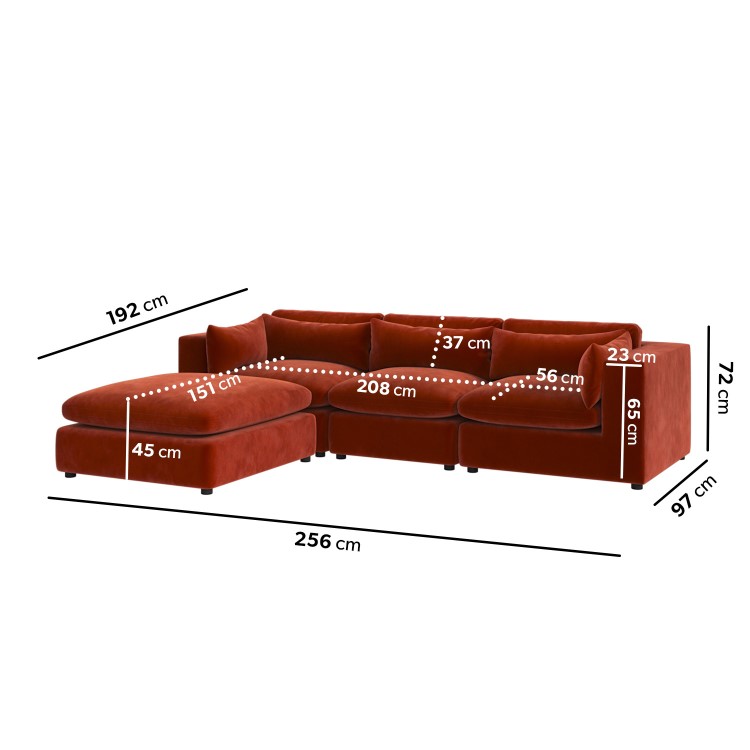 Large Burnt Orange Velvet Reversible 4-Seater Chaise Corner Sofa - Hudson