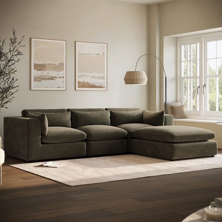 Large Khaki Green Velvet Reversible 4 Seater Chaise Corner Sofa - Hudson
