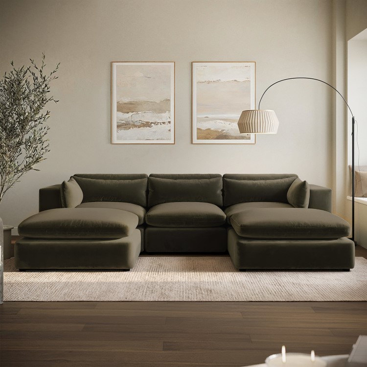 Large Khaki Green Velvet Reversible 4 Seater Chaise Corner Sofa - Hudson
