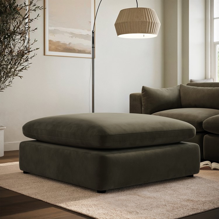 Khaki Green Velvet Footstool - Hudson