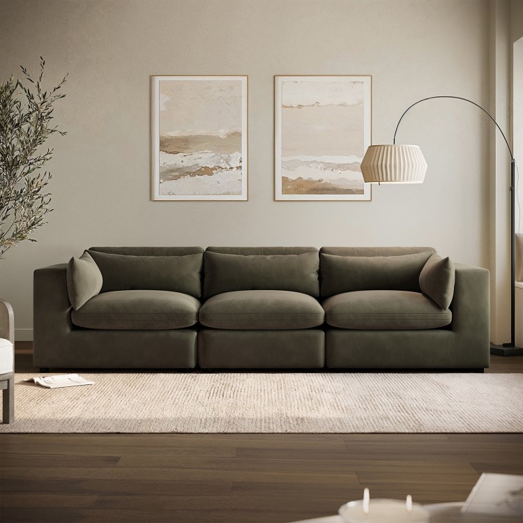 Large Khaki Green Velvet 4 Seater Sofa - Hudson