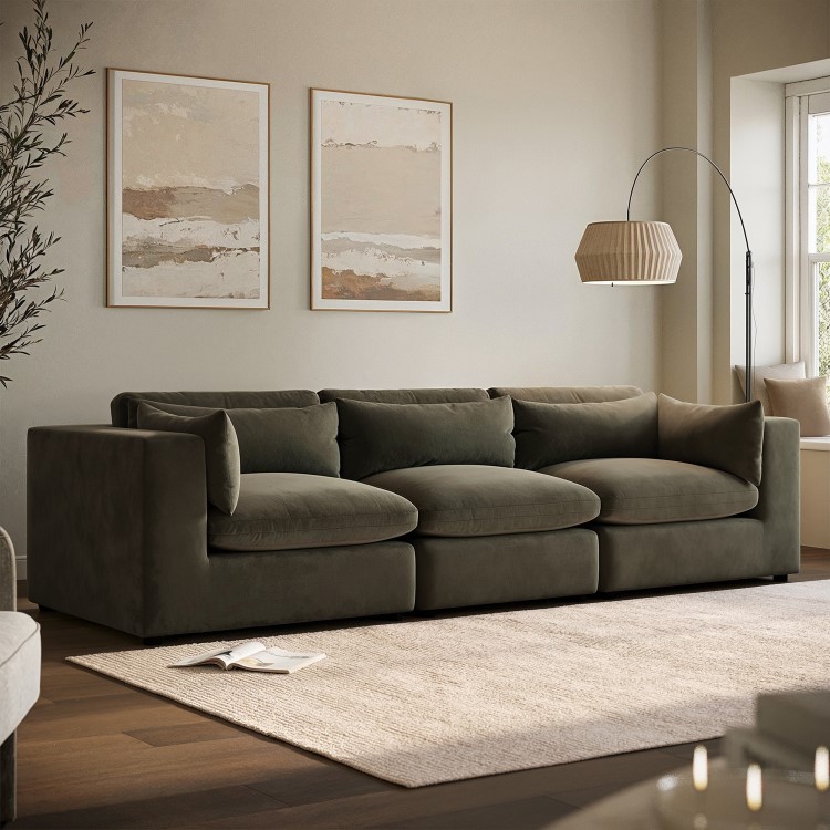 Large Khaki Green Velvet 4 Seater Sofa - Hudson
