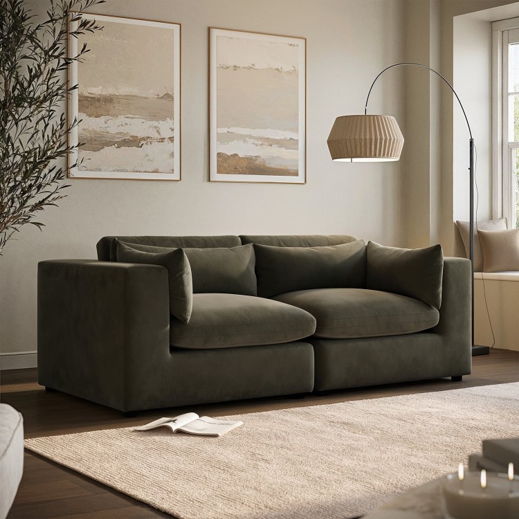 Khaki Green Velvet 3 Seater Sofa - Hudson