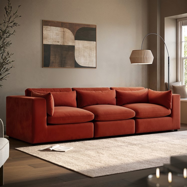 Large Burnt Orange Velvet 4 Seater Sofa - Hudson