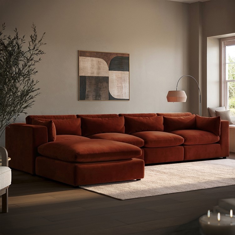 Burnt Orange Velvet 5-Seater L-Shape Corner Sofa with Reversible Chaise - Hudson