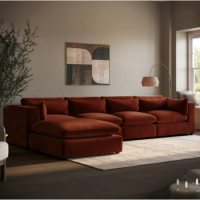 Large Burnt Orange Velvet Reversible 5 Seater Chaise Corner Sofa - Hudson