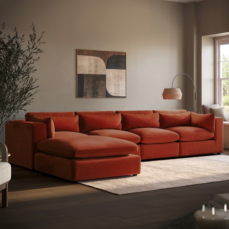 Large Burnt Orange Velvet Reversible 5 Seater Chaise Corner Sofa - Hudson
