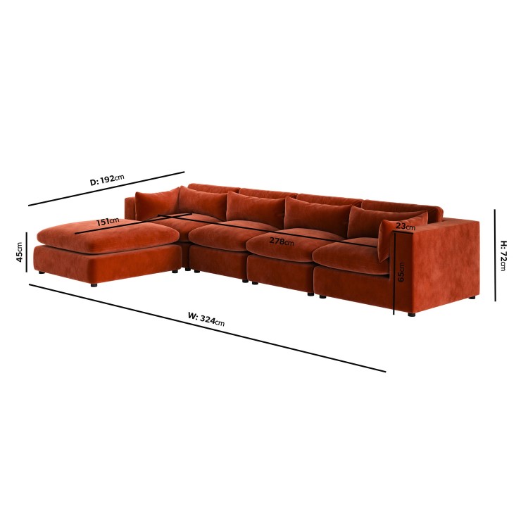 Large Burnt Orange Velvet Reversible 5 Seater Chaise Corner Sofa - Hudson