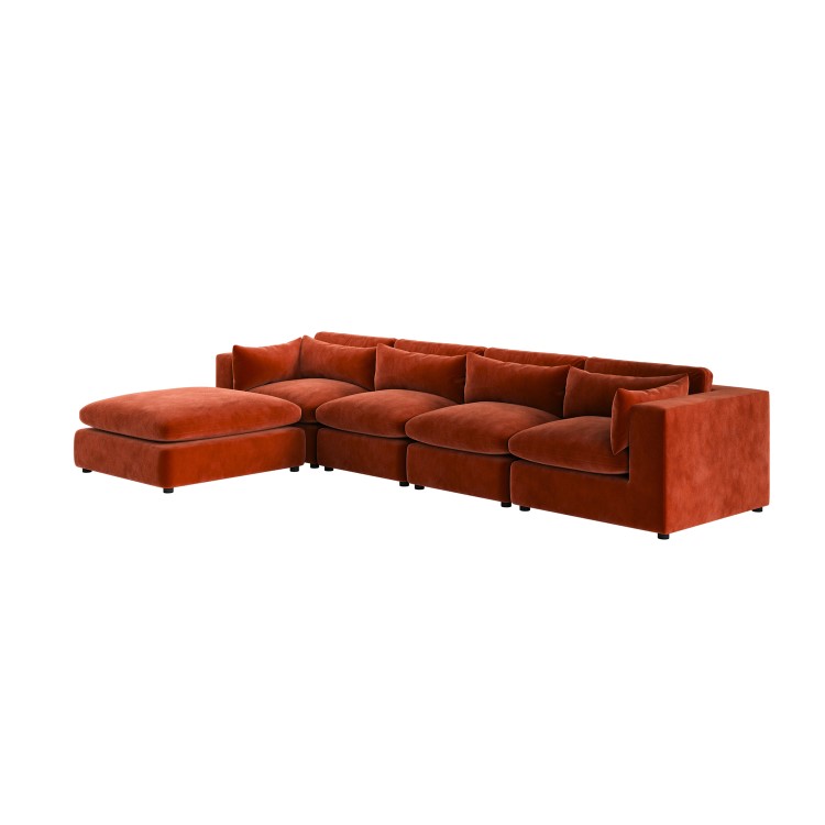 Large Burnt Orange Velvet Reversible 5 Seater Chaise Corner Sofa - Hudson