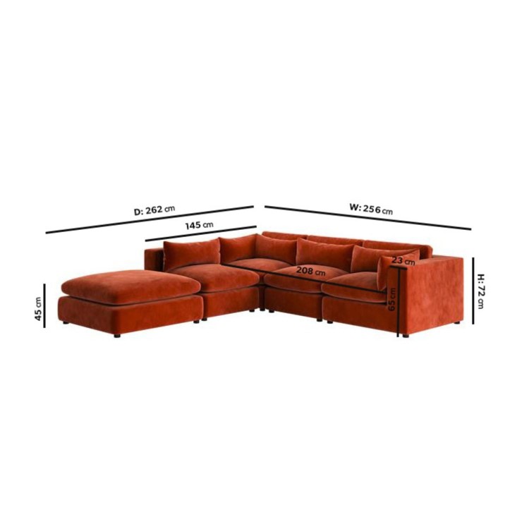 Large Burnt Orange Velvet 5 Seater Modular Corner Sofa - Hudson