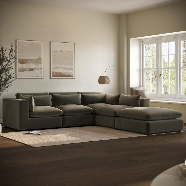 Khaki Green Velvet 5 Seater L-Shape Modular Corner Sofa with Reversible Chaise - Hudson
