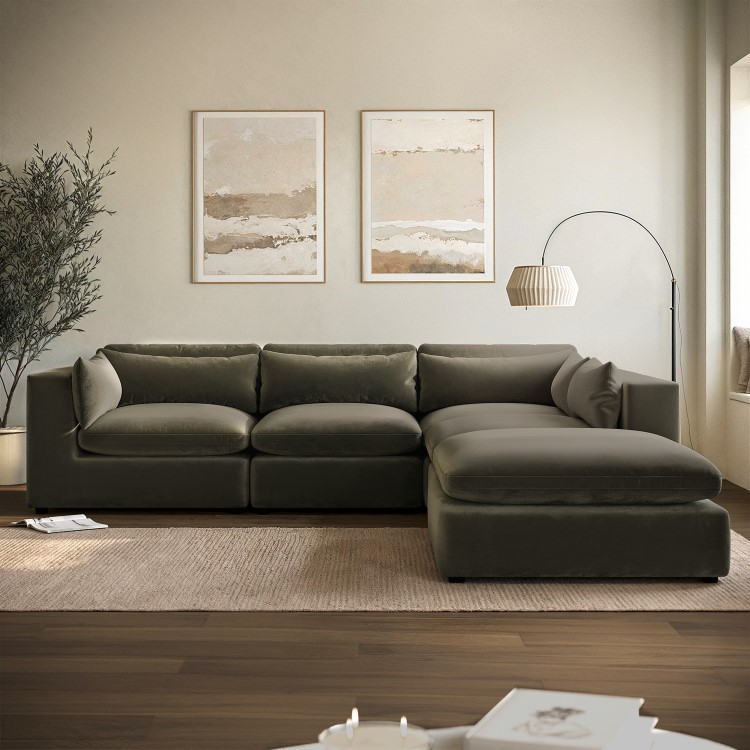 Large Khaki Velvet 5 Seater Modular Corner Sofa - Hudson
