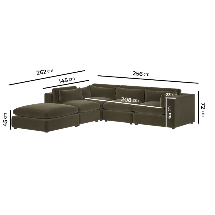Large Khaki Velvet 5 Seater Modular Corner Sofa - Hudson