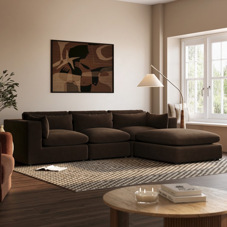 Chocolate Brown Velvet 4-Seater L-Shape Corner Sofa with Reversible Chaise - Hudson