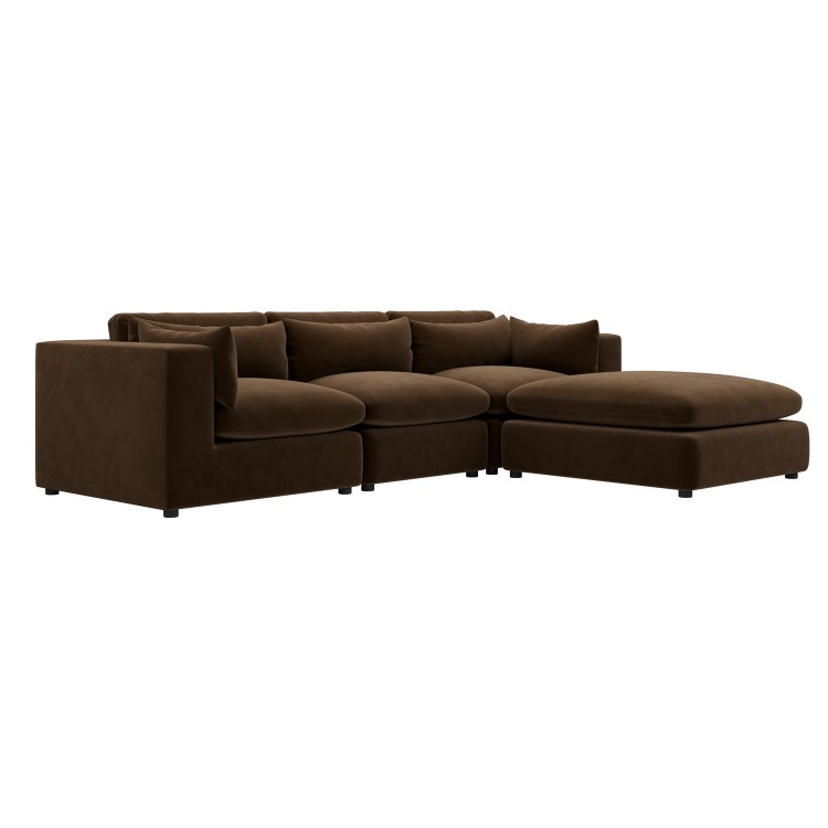 Chocolate Brown Velvet 4-Seater L-Shape Corner Sofa with Reversible Chaise - Hudson