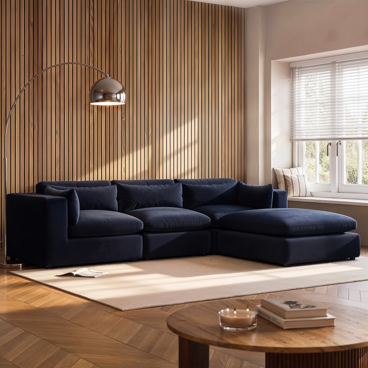 Navy Blue Velvet 4 Seater Reversible Chaise L-Shape Corner Sofa - Hudson