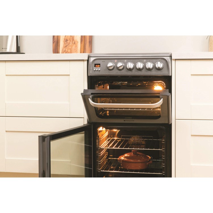 Refurbished Hotpoint HUE52GS 50cm Double Oven Electric Cooker With Ceramic Hob Graphite