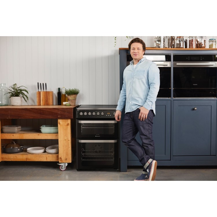 Refurbished Hotpoint Ultima HUE61K 60cm Double Oven Electric Cooker With Ceramic Hob Black