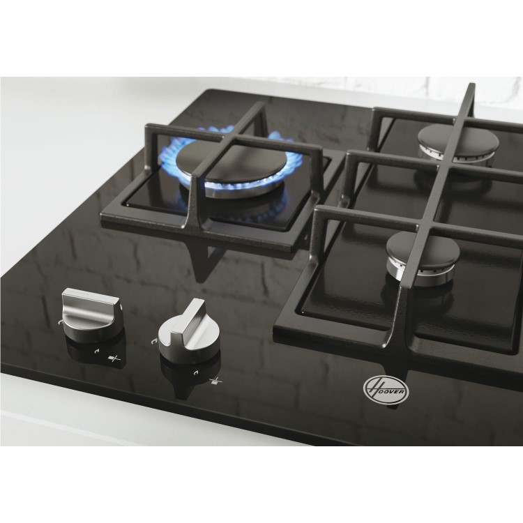 Refurbished Hoover HVG6DK3B 60cm Gas on Glass 4 Burner Gas Hob Black