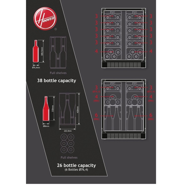 Hoover 38 Bottle Capacity Dual Zone 60cm Freestanding Wine Cooler - Black