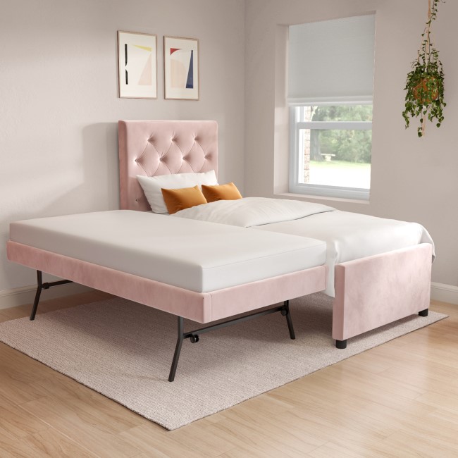 Single Pink Velvet Guest Bed with Trundle  - Isabel