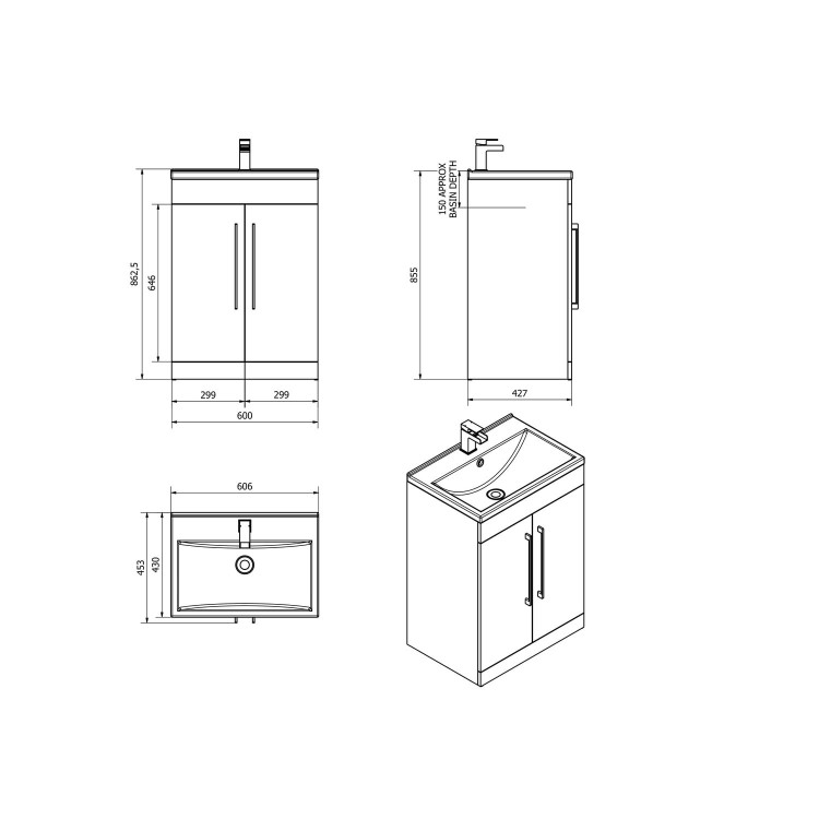 GRADE A1 - Black Free Standing Bathroom Vanity Unit - Without Basin - W600 x 820mm