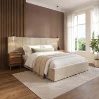 Beige Velvet Double Ottoman Bed with Wide Headboard - Iman Beige Velvet Double Ottoman Bed with Wide Headboard - Iman