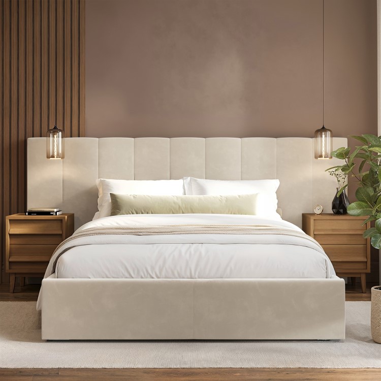 Beige Velvet Double Ottoman Bed with Wide Headboard - Iman